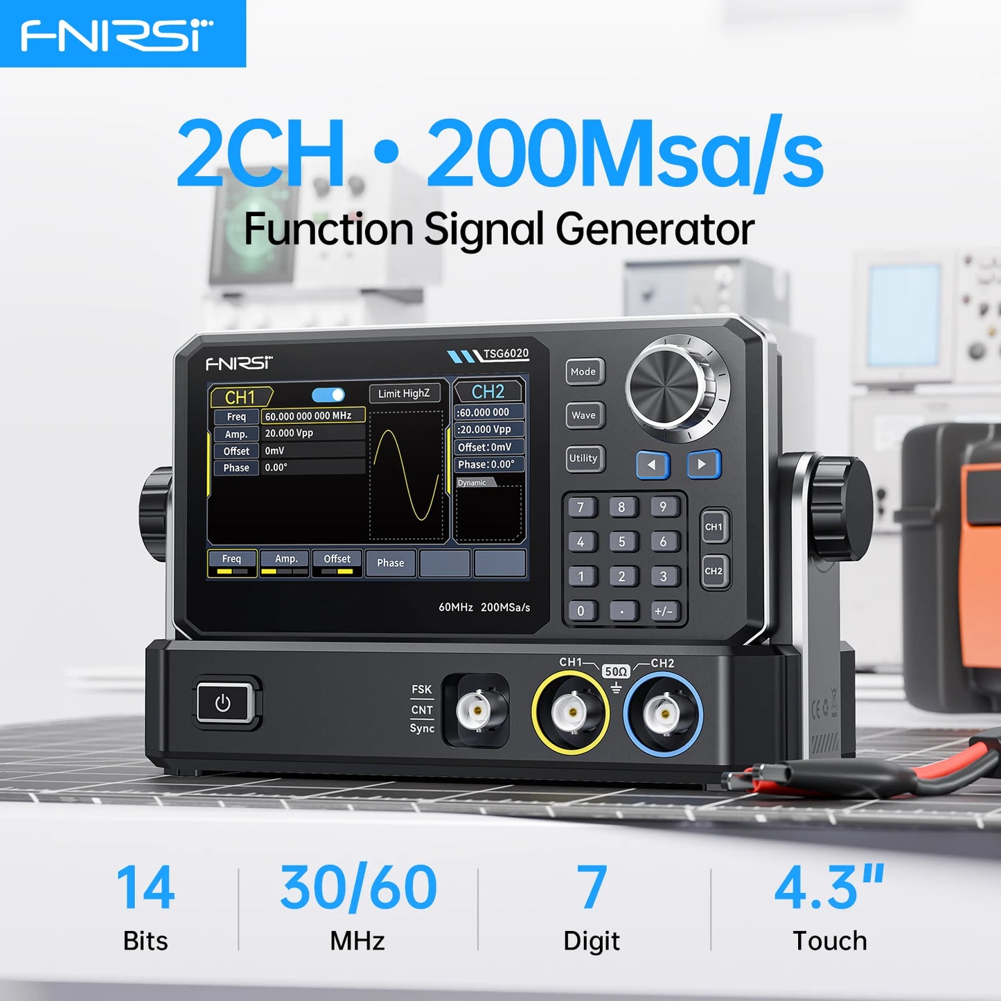 FNIRSI TSG6020/TSG3020 Signal Generator - Dual-Channel 60MHz/30MHz 200MSa/s Function Generator with 4.3" Touchscreen for Electronics Testing