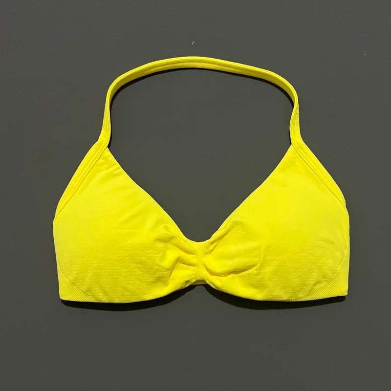 Histello Women’s Strappy Sports Bra - Seamless High-Support Yoga, Running and Workout Halter Top