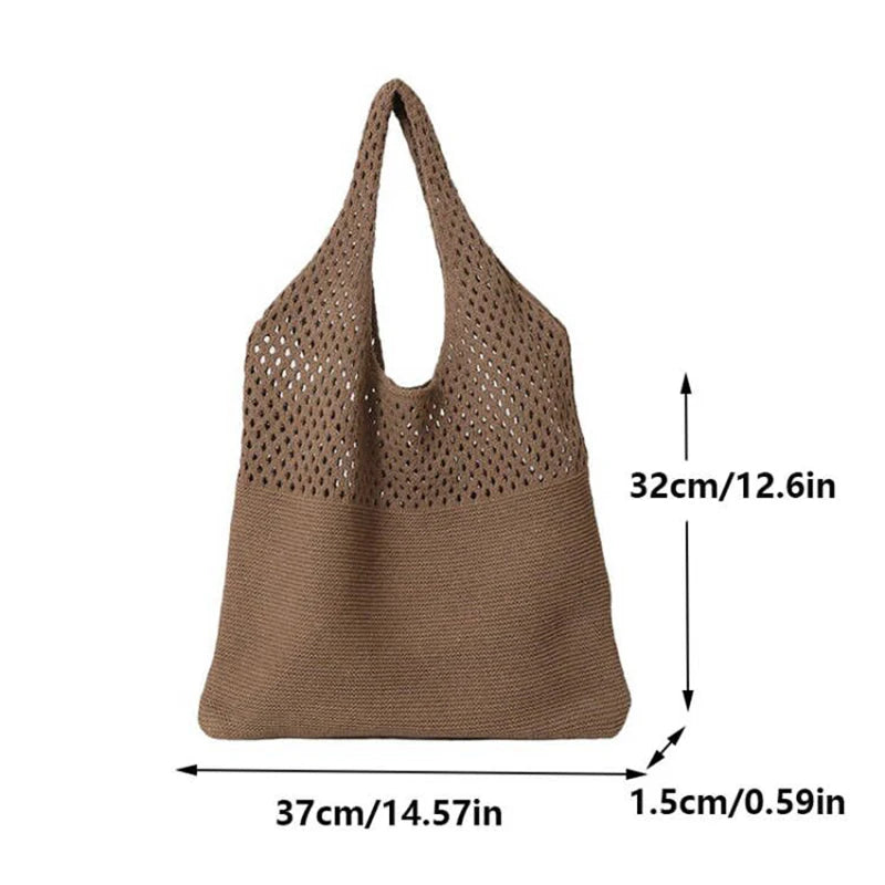 Women’s Crochet Tote Handbag - Retro Knitted Hollow Top Handle Shopper Bag in Solid Colors