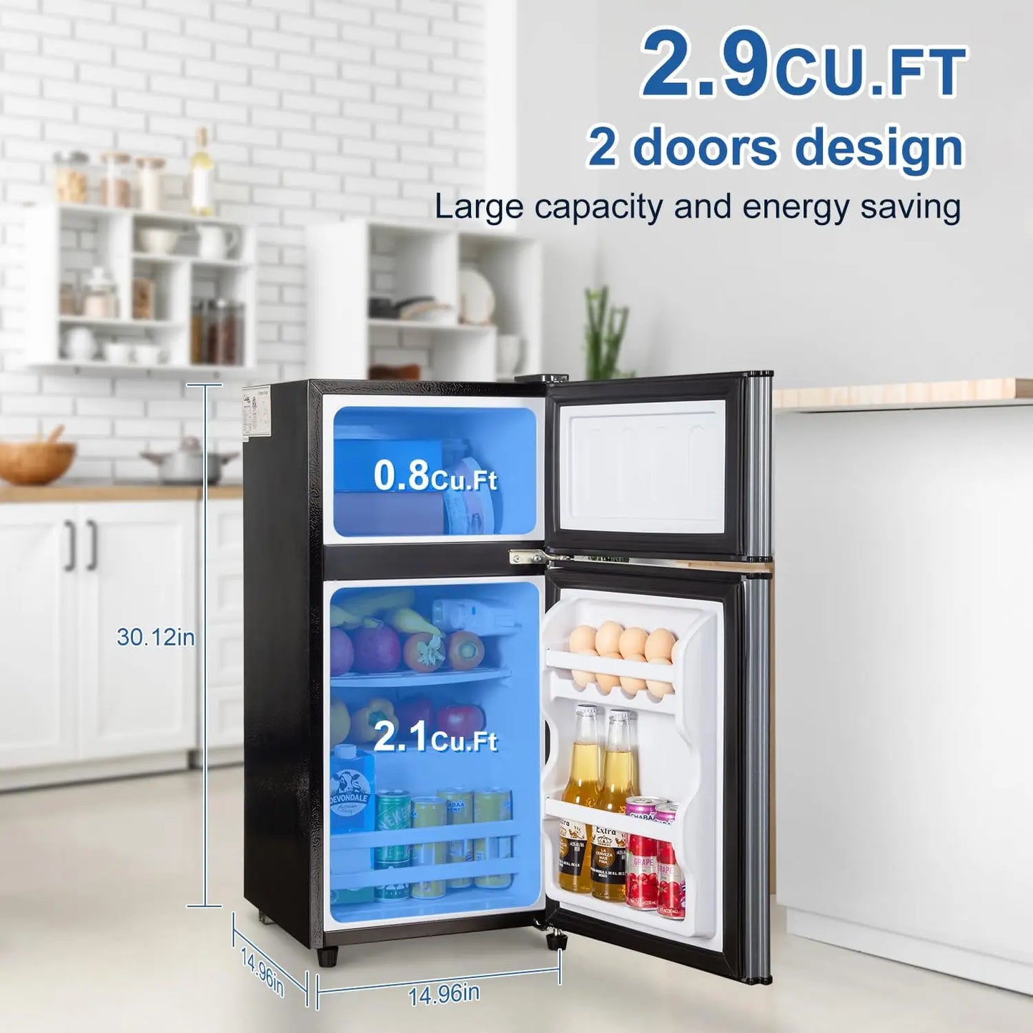 Mini Fridge with Freezer - 2.9 Cu.Ft Double Door Compact Refrigerator with Energy Saving & Adjustable Thermostat