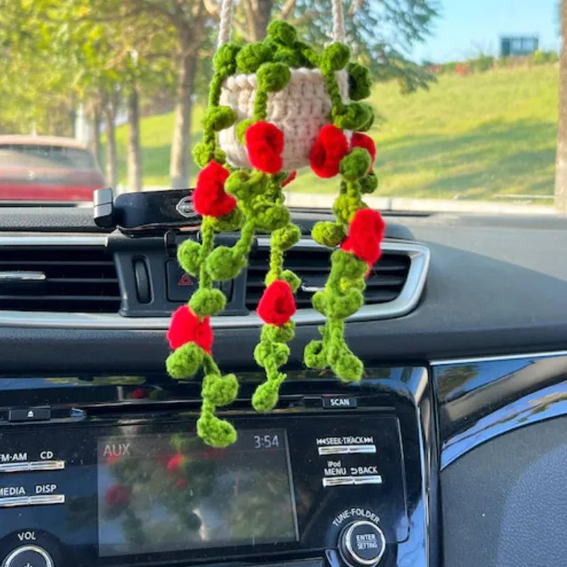 Cute Crochet Potted Plants Car Basket – Hanging Car Decor & Rear View Mirror Ornament Accessories