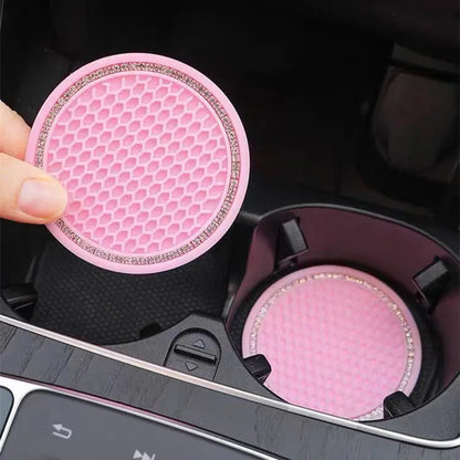 Car Water Cup Pad Holders - Non-slip Diamond Rhinestone Rubber Mat, Bottle Holder Coaster Auto Interior Anti-skid Cup Holders