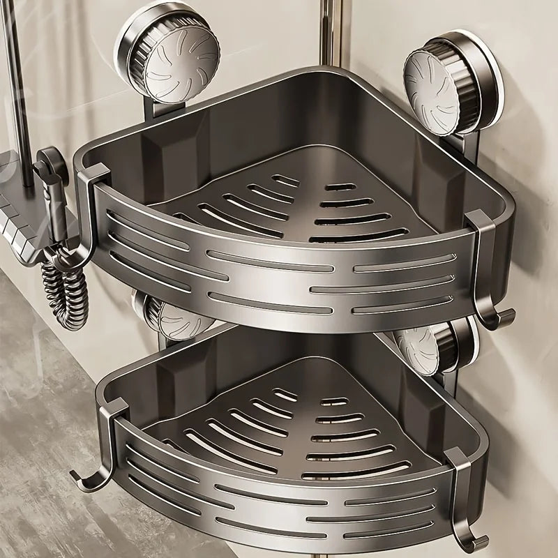 Space-Saving Suction Cup Bathroom Shelf — No-Drill Triangular Rack with Hooks for Shower & Toilet Storage