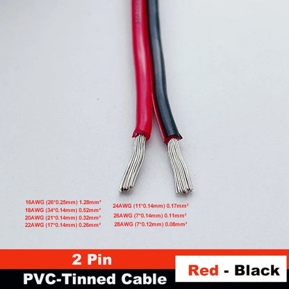 2-Pin Red & Black Extension Cable – PVC/Silicone Tinned Copper Wire (16–28 AWG)