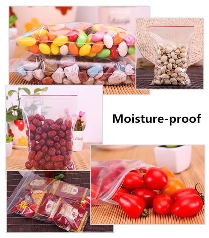 100pcs 50 Micron Clear PE Zip Lock Bags – Reclosable Plastic Pouches for Candy, Cookies & Dried Fruits