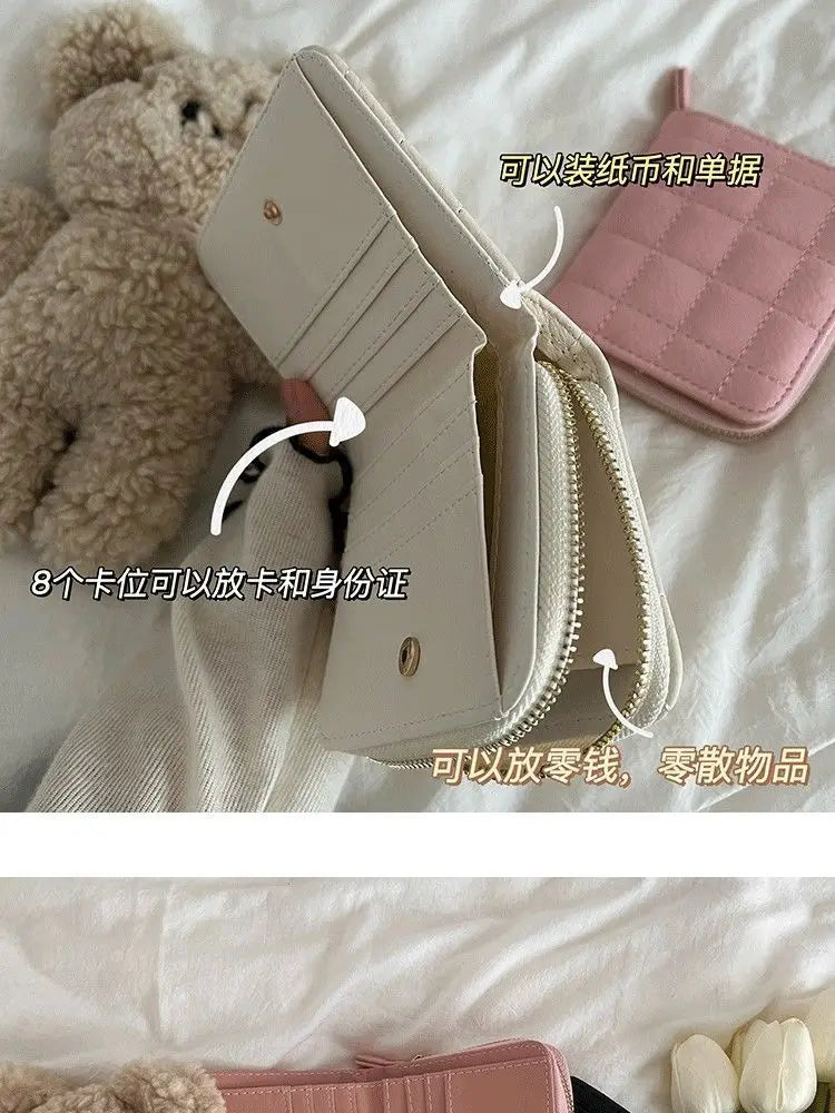 Women’s Small PU Leather Zipper Wallet with Coin Purse – Cute Plaid Mini Korean Card Holder, New Arrival