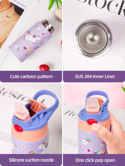 Cartoon Stainless Steel Insulated Cup — Animal Print Thermal Tumbler with Straw Lid, Bow Design Coffee Cup Gift