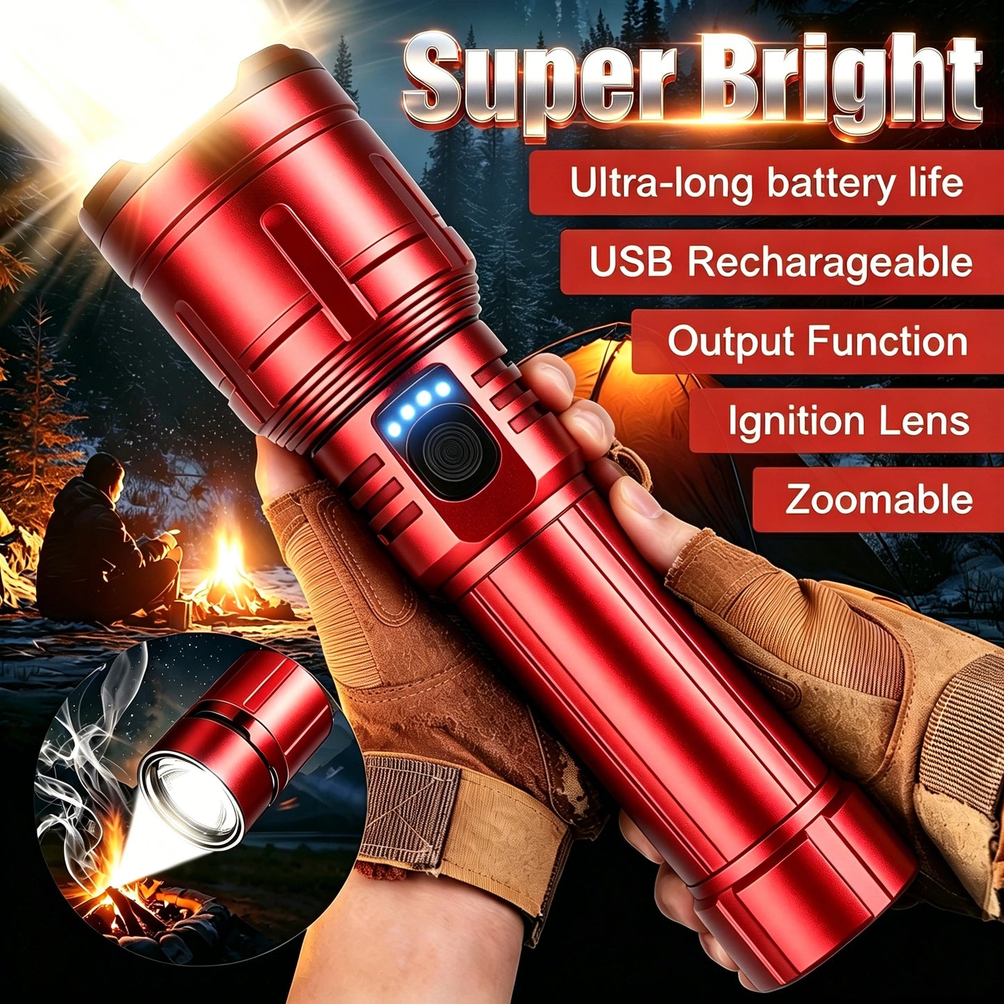 Rechargeable 3-in-1 Flashlight - Super Bright 5-Mode Waterproof Light with Power Bank & Lighter