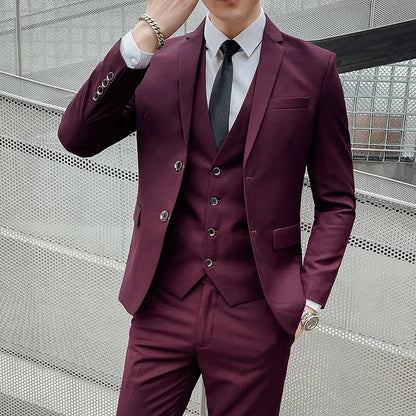 Men’s Business Suit Set — Blazer, Vest & Pants, Slim Fit Solid Color Wedding & Formal Dress Suit, Plus Size