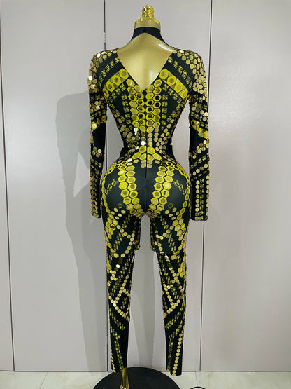 Sexy Shiny Silver Sequin & Black Spandex Jumpsuit — 2025 Women’s Prom, Dancer & Stage Performance Costume