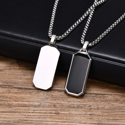 Casual Black Enamel Necklace for Men, Waterproof Stainless Steel Square Pendant, Simple Fashion Collar Jewelry Gift
