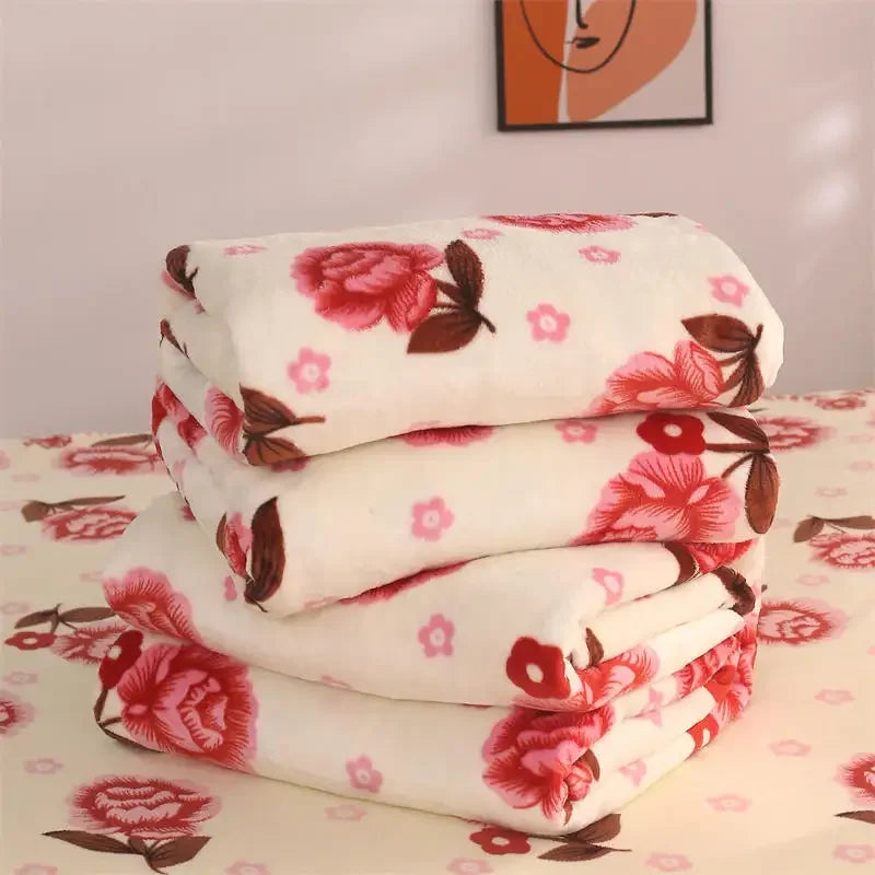 Flannel Fleece Blanket for Beds - Soft Coral Fleece Flower & Plaid Print Blanket for Summer and Fall