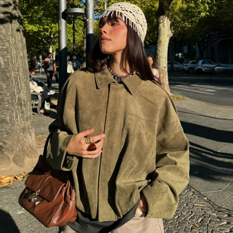 HXAO Women's Oversized Suede Cropped Bomber Jacket – Casual Batwing Sleeve Streetwear Coat