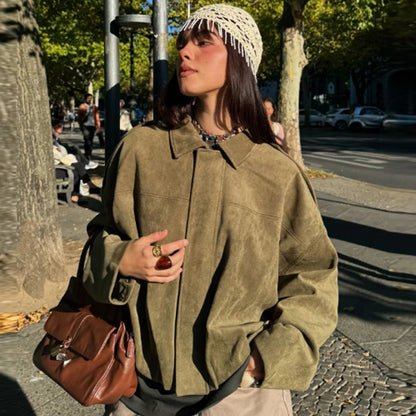 HXAO Women's Oversized Suede Cropped Bomber Jacket – Casual Batwing Sleeve Streetwear Coat