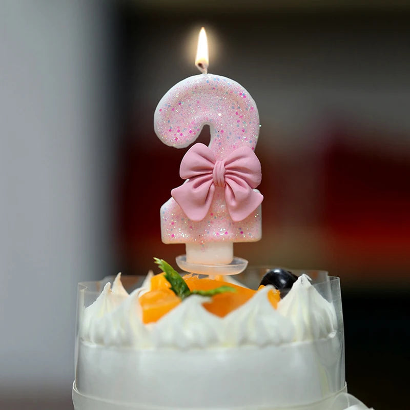 Glitter Pink 3D Number Cake Candles with Bow - Digital Cake Toppers for Birthday & Memorial Day Celebrations
