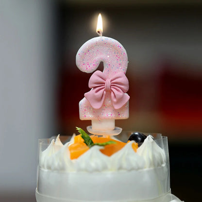 Glitter Pink 3D Number Cake Candles with Bow - Digital Cake Toppers for Birthday & Memorial Day Celebrations