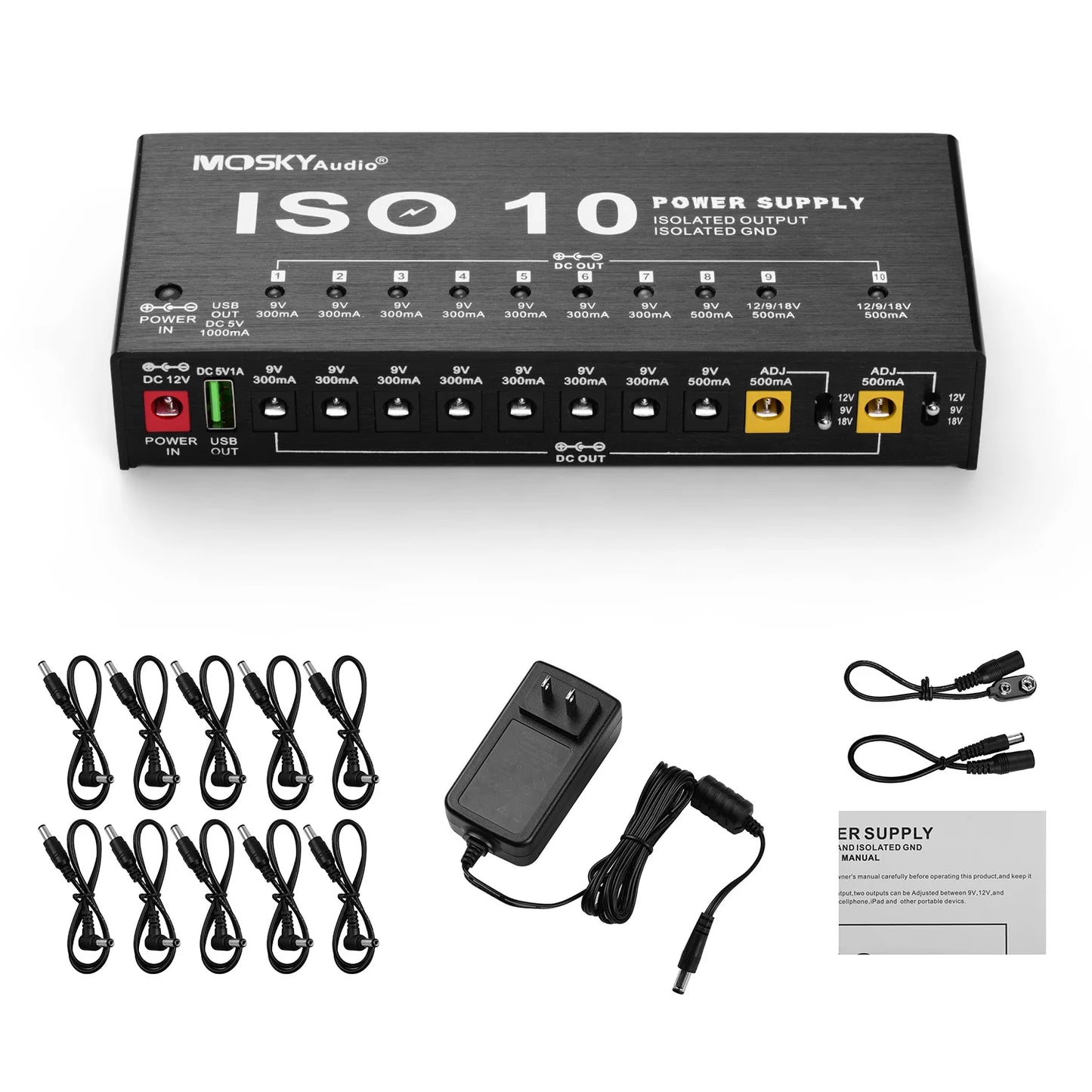 MOSKY ISO-10 Guitar Pedal Power Supply – 10 Isolated DC Outputs, 5V USB Output for 9V, 12V, 18V, Protection for Guitar Accessories