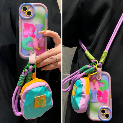 Cute Colorful Gradient Coin Purse Crossbody Lanyard Case: INS Soft Cover for iPhone 15/14/13/12/11 Series - Shockproof Protection for Pro Max, XS, XR, Plus