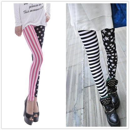Women Star Print Elastic Jeggings – High Waist Stripe Cropped Pencil Leggings Fashion Skinny Pants L1071
