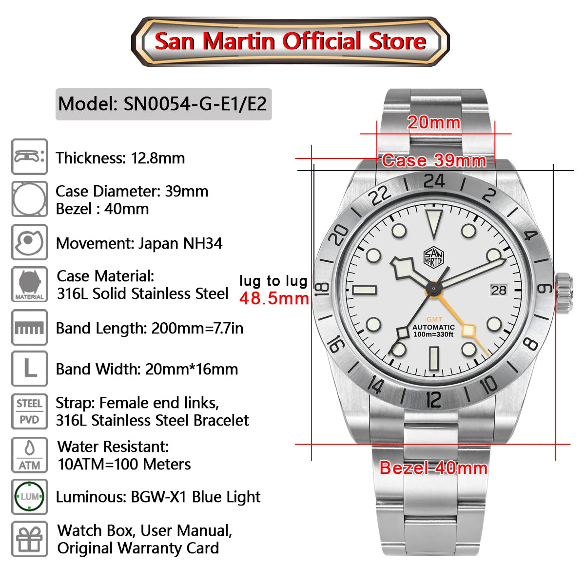 San Martin 39mm NH34 BB GMT Automatic Mechanical Sport Watch — Sapphire Luminous Waterproof 100m for Men Relogio SN0054