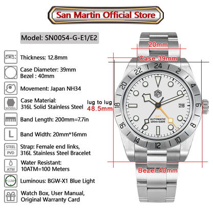 San Martin 39mm NH34 BB GMT Automatic Mechanical Sport Watch — Sapphire Luminous Waterproof 100m for Men Relogio SN0054