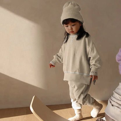 2PCS Kids Clothes Set for 1-7Y - Solid Cotton Pullover Sweatshirt & Pants, Long Sleeve Autumn Outfits for Boys & Girls