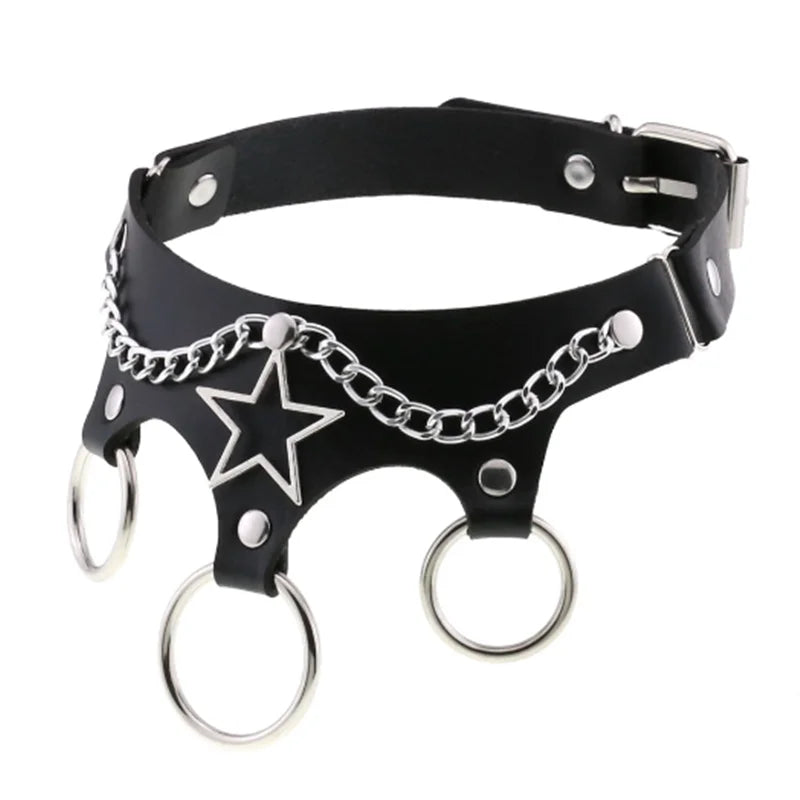 Harajuku Gothic Spike Rivet Star Choker Necklace – Black Bowknot PU Lace Leather Y2K Hip Hop Rock Jewelry for Girls