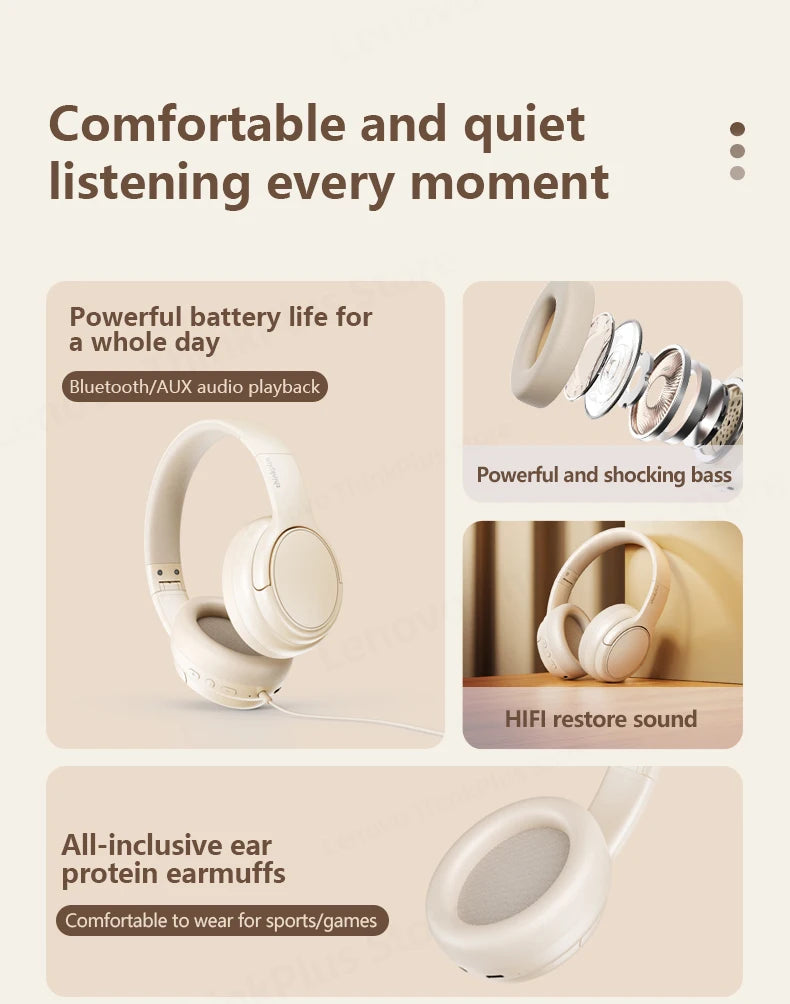 Original Lenovo TH20 Wireless Bluetooth 5.3 Headphones - Dual Mode, Foldable Sport Headset, Music & Gaming Earphones