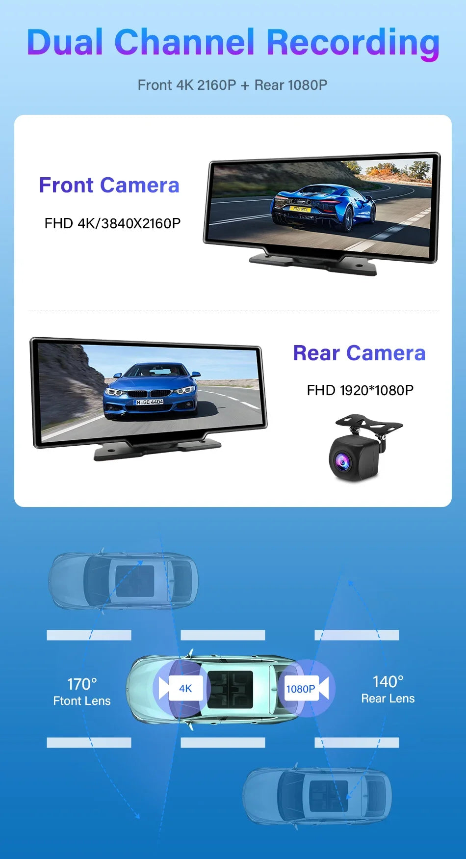 10.26'' 4K Dash Cam Car Mirror Video Player - Wireless CarPlay, Android Auto, GPS, and Rearview Camera Monitor