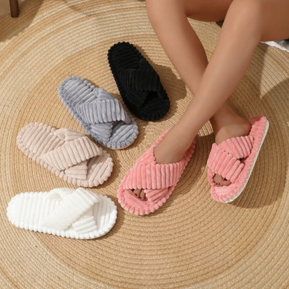 Women’s Corduroy Cross Band Home Slippers – Soft Plush Indoor Bedroom Slides for Spring & Autumn Comfort Wear