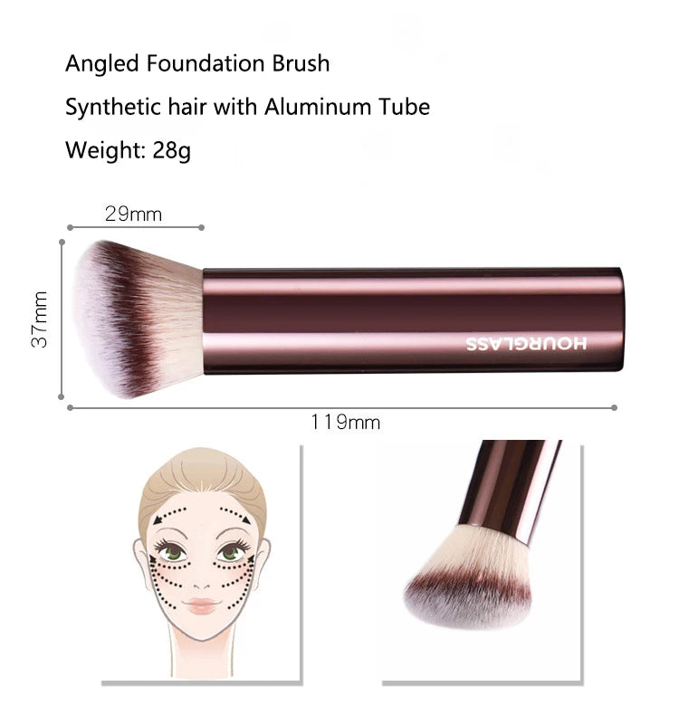 Angled Foundation Makeup Brush — High-Quality Powder Brush with Metal Handle and Aluminum Tube