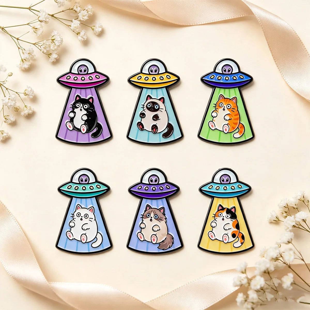 6-Piece UFO Cat Enamel Pin Set - Cartoon Alien Spaceship Brooches for Jackets, Backpacks, and Collectors’ Gifts