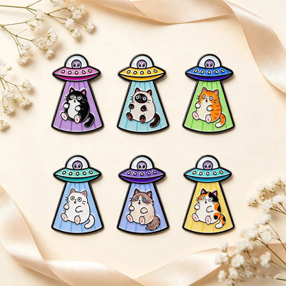6-Piece UFO Cat Enamel Pin Set - Cartoon Alien Spaceship Brooches for Jackets, Backpacks, and Collectors’ Gifts