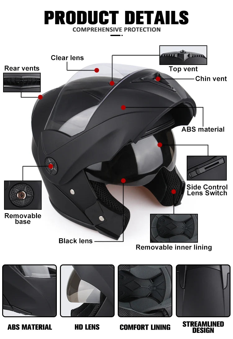 New Full Face Motorcycle Helmet – Racing Helmet with Double Sun Visor & Flip-Up Double Lens for Men & Women, DOT Certified