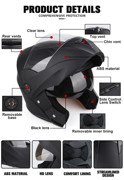 New Full Face Motorcycle Helmet – Racing Helmet with Double Sun Visor & Flip-Up Double Lens for Men & Women, DOT Certified