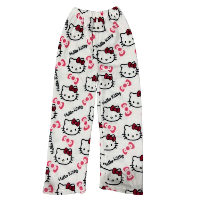 Kawaii Hello Kitty Flannel Pajama Pants – Warm Woolen Anime Trousers for Women, Cute Autumn Loungewear Gift