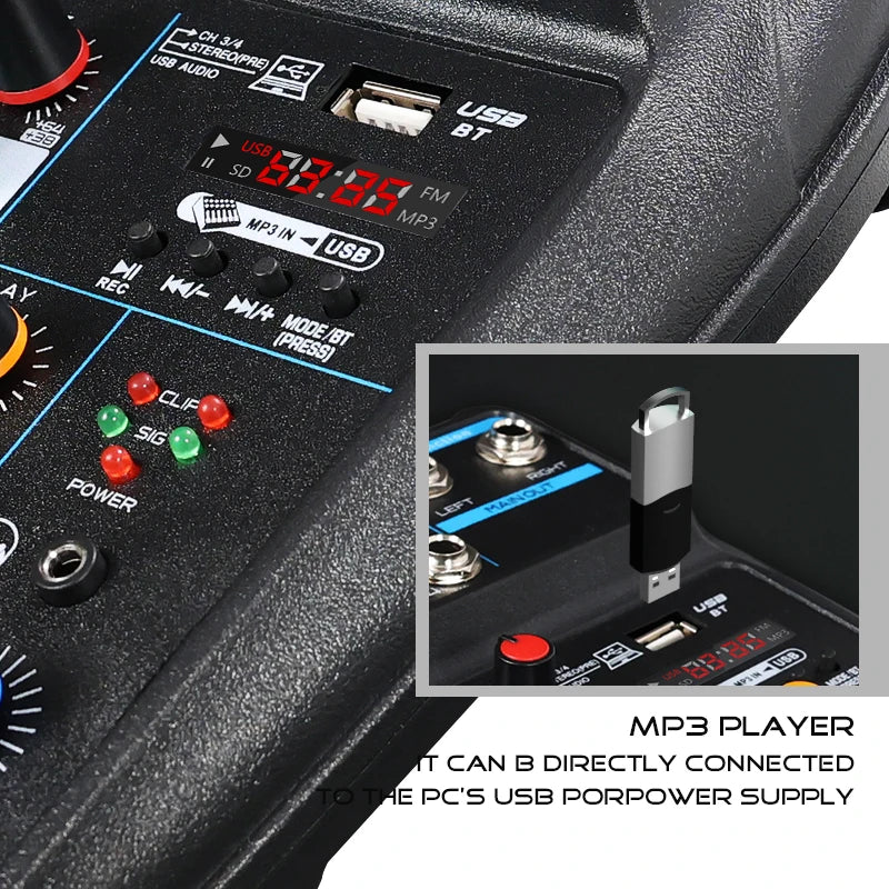4 Channel DJ Mixer Console – Bluetooth, 48V Phantom Power, USB Audio Interface for Monitor & Karaoke System