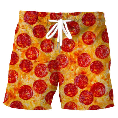 3D Sausage Print Beach Shorts - Funny Food Graphic Elastic Waist Swim Trunks for Men