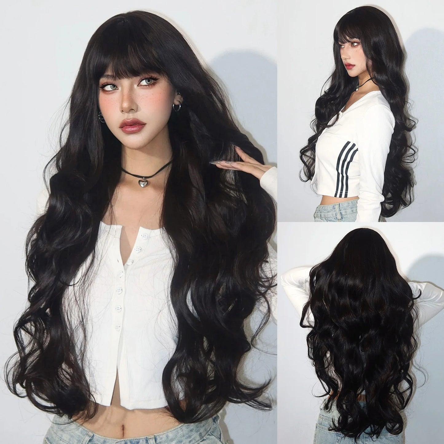 Copper Ginger Red Brown Synthetic Wig – Long Fluffy Wavy Wig with Bangs, Heat-Resistant Cosplay & Daily Wear Hair for Women