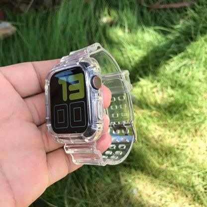 Clear Strap + Case for Apple Watch Series 5/SE/6/4/Ultra 8/7 – Transparent Plastic Band for 38mm, 40mm, 41mm, 42mm, 44mm, 45mm, 49mm