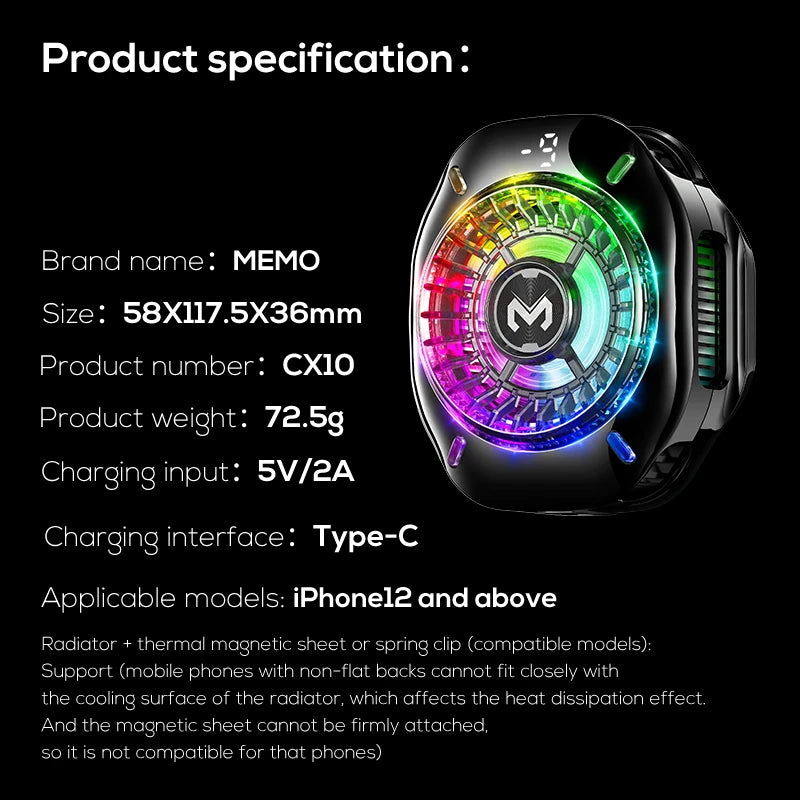 MEMO CX10 Semiconductor Phone Cooler – RGB Magnetic Clip-On Ice-Freezing Phone Cooling Fan for Gaming & Live Streaming Performance Boost