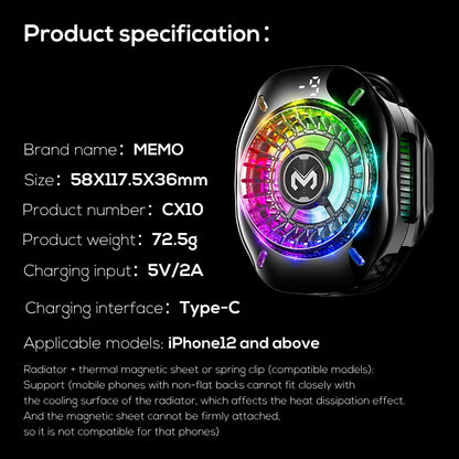 MEMO CX10 Semiconductor Phone Cooler – RGB Magnetic Clip-On Ice-Freezing Phone Cooling Fan for Gaming & Live Streaming Performance Boost