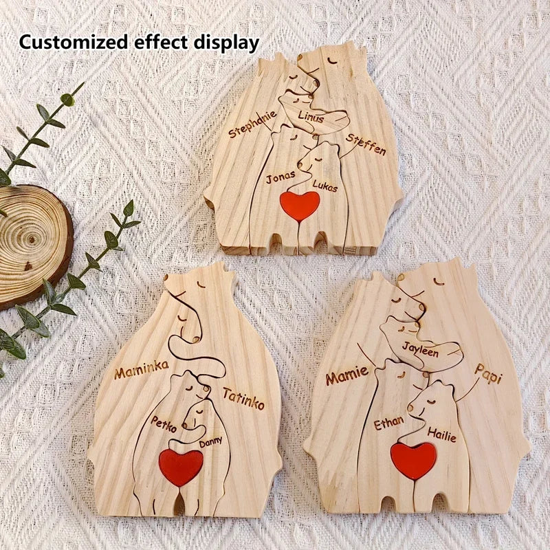 Personalized Wooden Bear Family Puzzle – Custom Name Home Decor, Thanksgiving & Christmas Gift for Mom & Baby