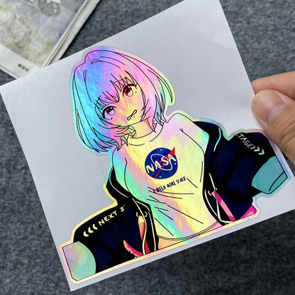 JDM Anime Girl Holographic Stickers - Rainbow Vinyl Decals for Car Windows, Motorcycles, Helmets, and Windshields