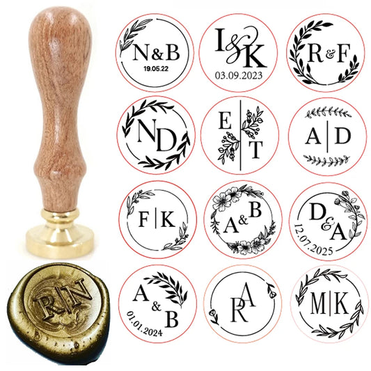 Custom Brass Wax Seal Stamp with 2 Initials & Wreath – Vintage Reusable DIY Wedding & Letter Stamp with Free Engraving