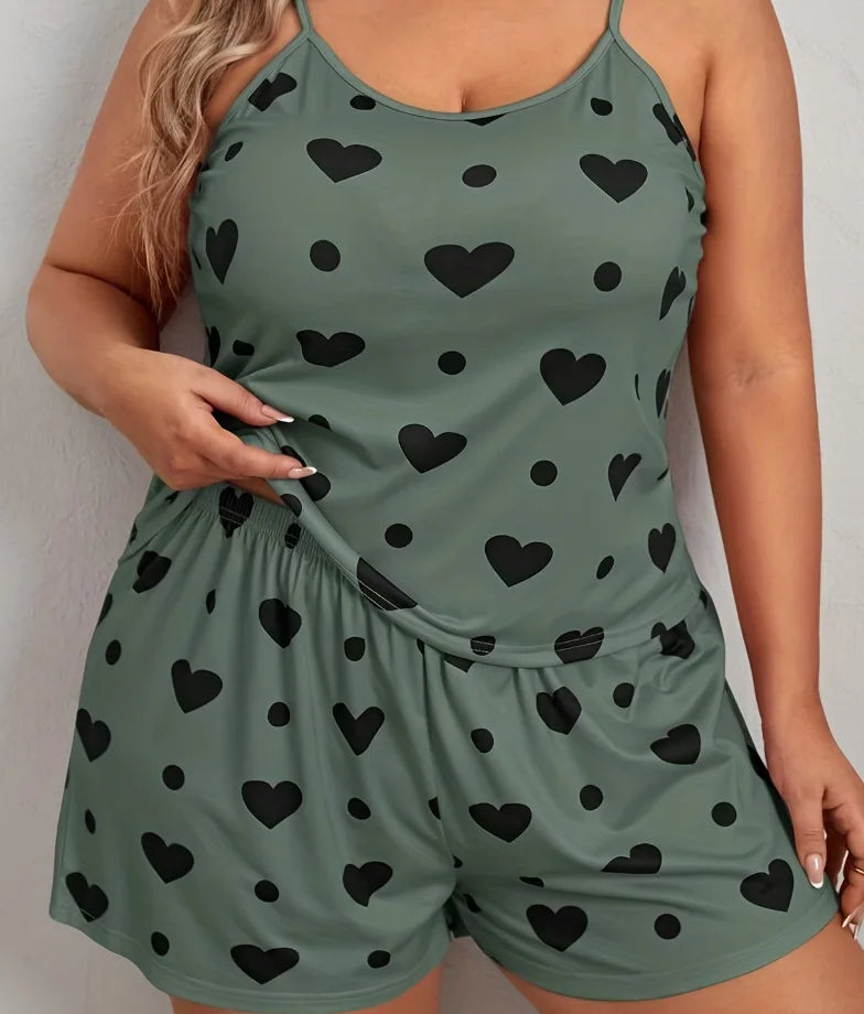 Plus Size Women’s Pajama Set — Sleeveless Heart Print Top & Elastic Waist Shorts, XL–XXXL Sleepwear Nightwear