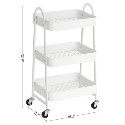SONGMICS 3-Tier Rolling Utility Cart — Metal Storage Trolley with Wheels, Brakes & Handles for Kitchen or Home Organization