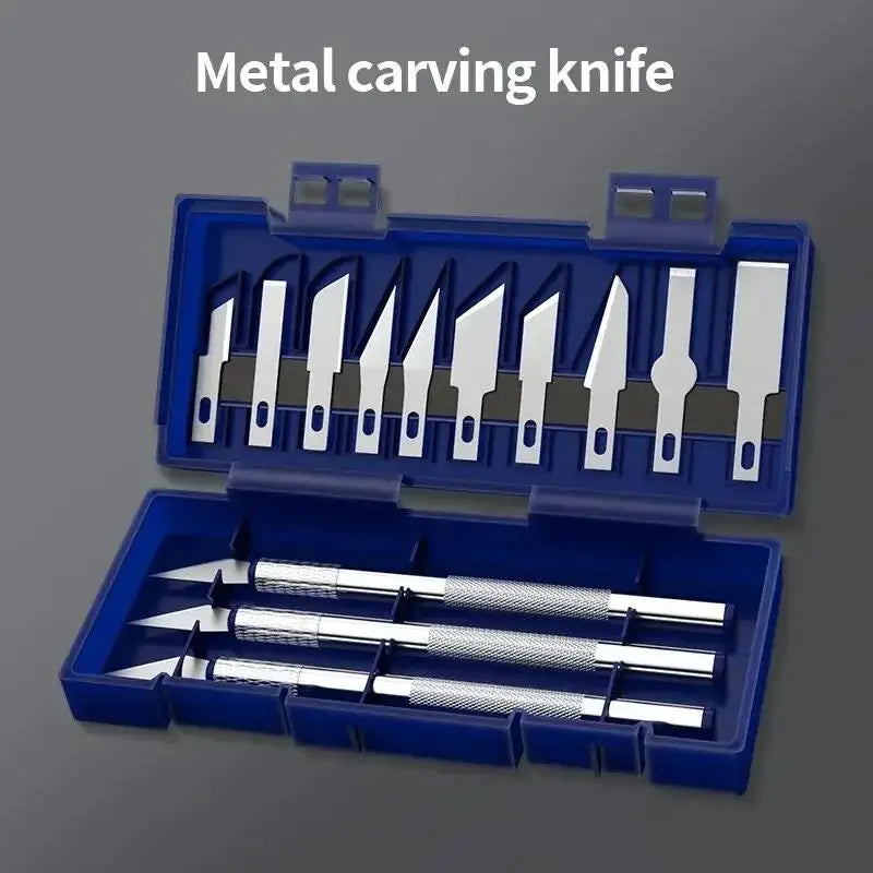 13PCS Metal Scalpel Knife Set – Portable Blue Box with 3 Handles & 10 Blades for Precision Carving, DIY & Repair Tools