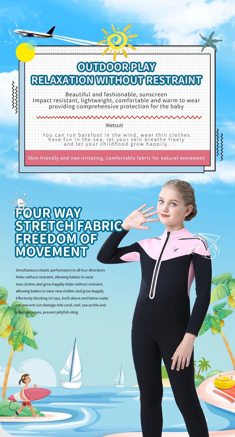 Children's 2mm/3mm Neoprene Wetsuit – One-Piece Long Sleeve Diving Suit for Cold Protection, Sunscreen, Surfing, Swimming & Snorkeling