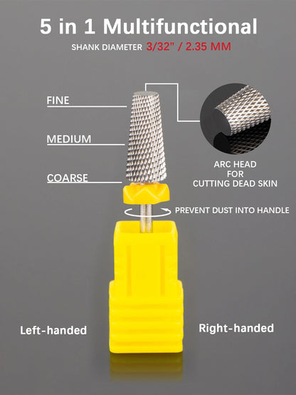 5-in-1 Nail Drill Bits - Tungsten Steel Cross Teeth Manicure File, Acrylic & Hard Gel Nail Polish Remover Drill Bit